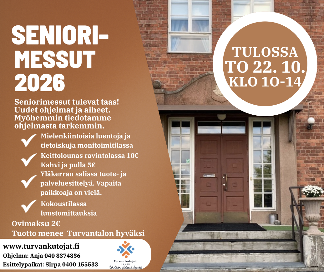 Lammin Turvantalo, jossa seniorimessut 2026 -mainos ja päivämäärät 22.10. ja yhteystiedot.